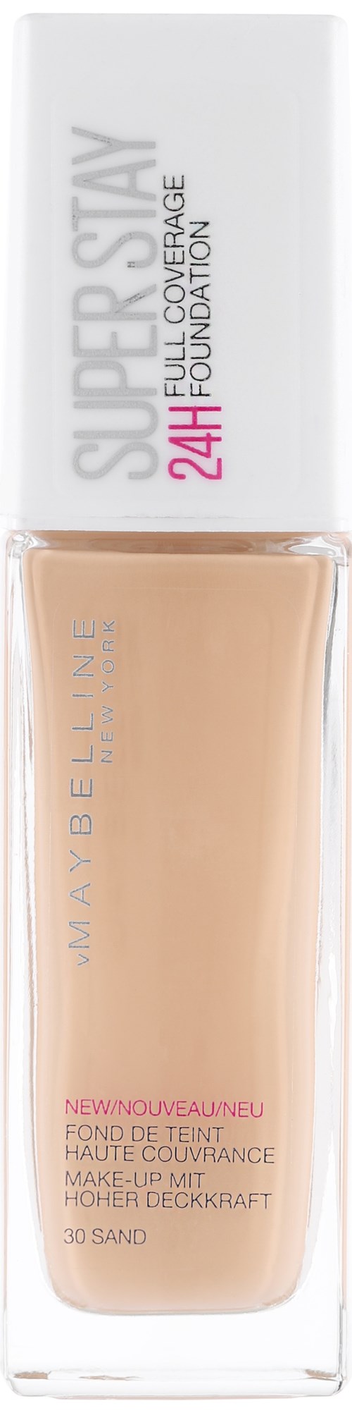 Butelka podkładu Maybelline z białą zakrętką, beżową cieczą i różowym oraz czarnym tekstem na butelce.