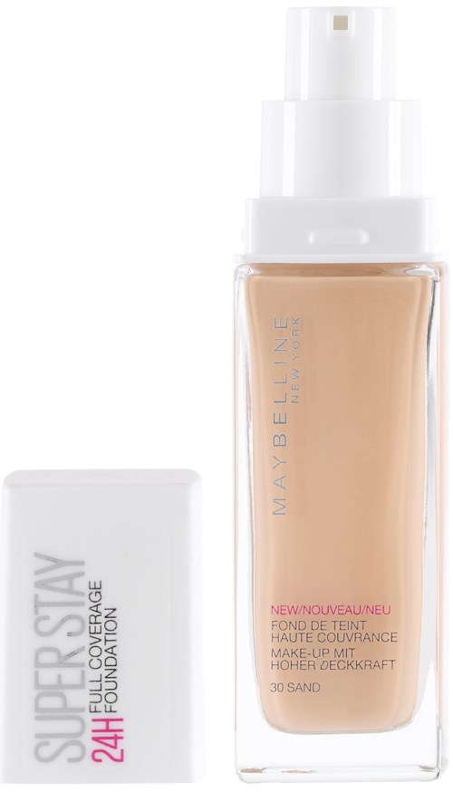 Butelka podkładu z pompką i osobną nakrętką, oznaczenie Maybelline Super Stay 24H, odcień 30 Sand.