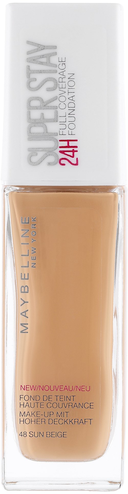 Butelka podkładu Maybelline z beżową cieczą, białą nakrętką i etykietami marki, zapewnia wysokie krycie i trwałość 24 godziny.