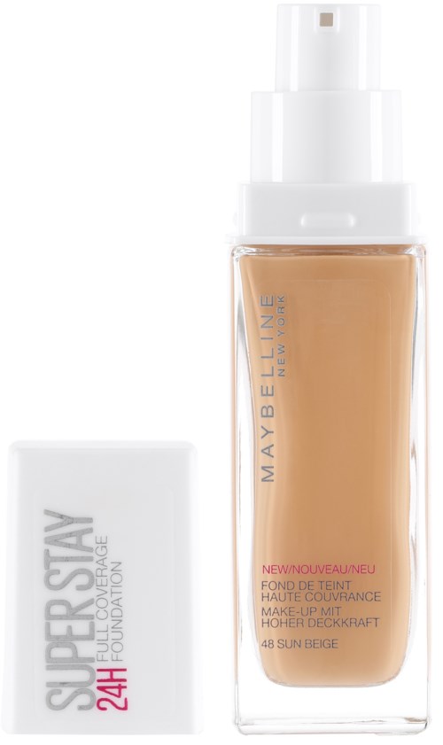 Butelka podkładu z pompką, nazwana Max Full Cover, odcień 48 Sun Beige, z oddym białą gąbką.
