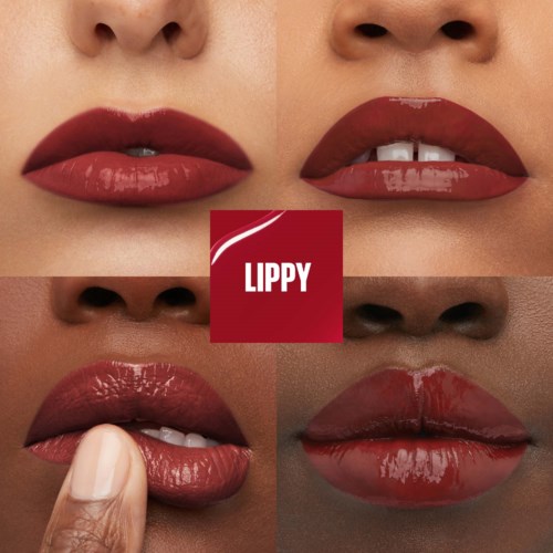 Närbild av läppar som visar olika nyanser och stilar av läppstift. Lippy-logotyp i mitten.