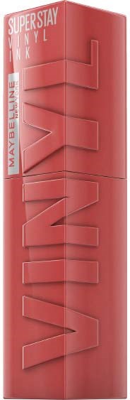 Czerwone pudełko na szminkę z logo Maybelline i nazwą produktu, wyróżniające 'SuperStay Vinyl Ink' dużymi literami.