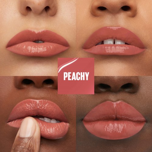 Kolaż czterech ust z brzoskwiniowym szminką, pokazujący różne wyrazy twarzy i etykietę z napisem "PEACHY" w centrum.