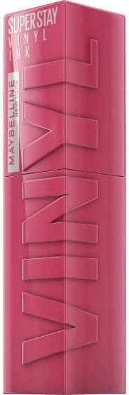 A tall, pink lipstick box labeled Maybelline Super Stay Vinyl Ink, with large embossed letters spelling 'VIVID'.