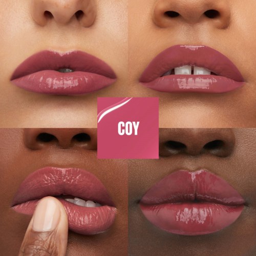 Different lips with pink lipstick and a hand touching the lower lip. The background is a pink square with 'COY' written.