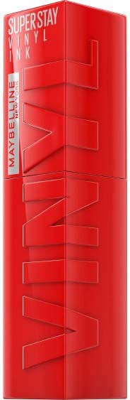 A red lipstick box with Maybelline branding and "Super Stay Vinyl Ink" written on it.