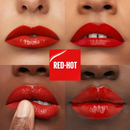 Four close-up lips with bright red lipstick, showing different lip expressions, with a red logo in the center.