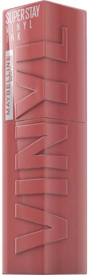 En hög rosa läpptub med stora intryckta bokstäver som visar märket Maybelline och nyansen 'Super Stay Vinyl Ink'.