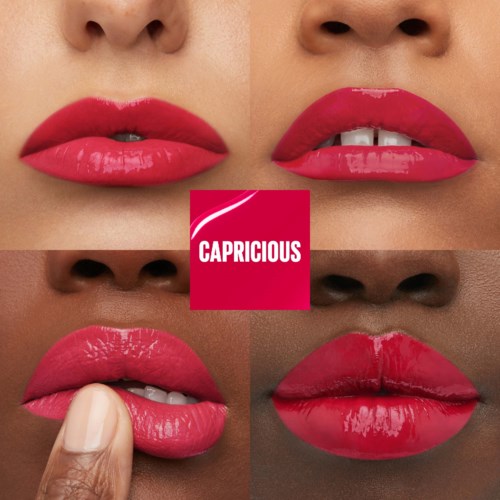 Four different lips with pink lipstick, some biting or touching, with a pink logo saying "CAPRICIOUS" in the center.