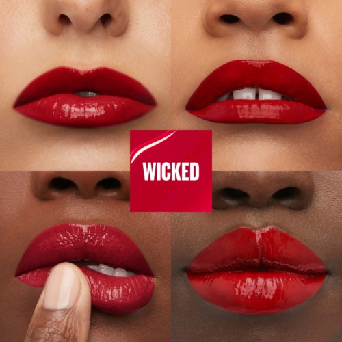 Four sets of lips, all with red lipstick, with the word "WICKED" in the center. Some lips are open or biting.