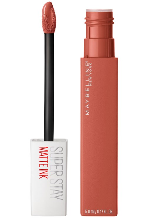 En läppstift med applikator, tub och lock. Märket är Maybelline och det är matt läppfärg.