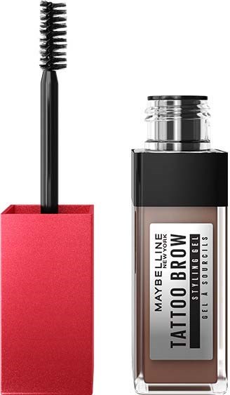 A mascara wand, with a red holder, and a glass bottle labeled 'Maybelline Tattoo Brow Gel' for eyebrows.