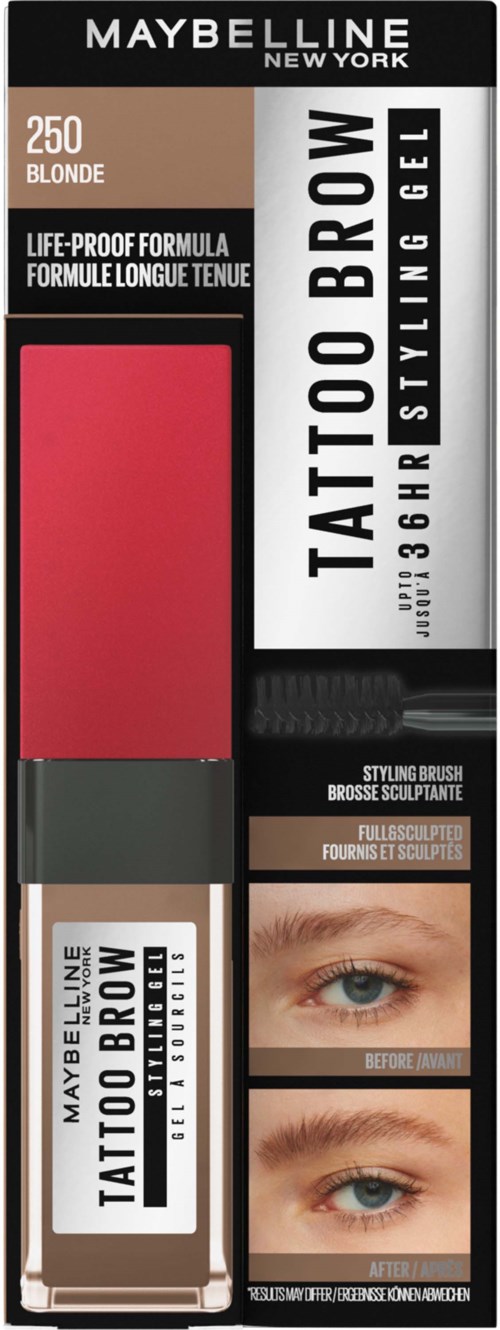 Żel do brwi Maybelline w czarnym i beżowym opakowaniu z czerwonym i czarnym pędzelkiem. Pokazuje przed i po zdjęcia oczu.