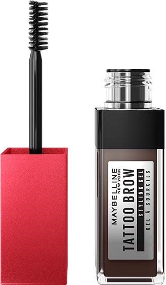 Mascara z czerwonym pojemnikiem, szczoteczką i brązowym żelowym tubką z napisem "Tattoo Brow" od Maybelline.