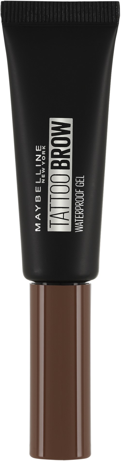 En svart tub märkt 'MAYBELLINE NEW YORK TATTOO BROW VATTENLÅST GELÉ' med ett brunt lock.