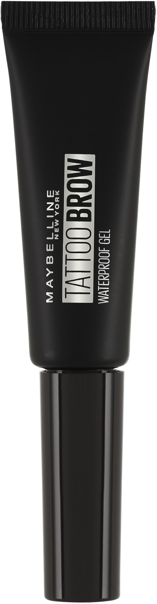 En sort tube med Maybelline Tattoo Brow gel med lås, etiketten og produktnavnet synligt.