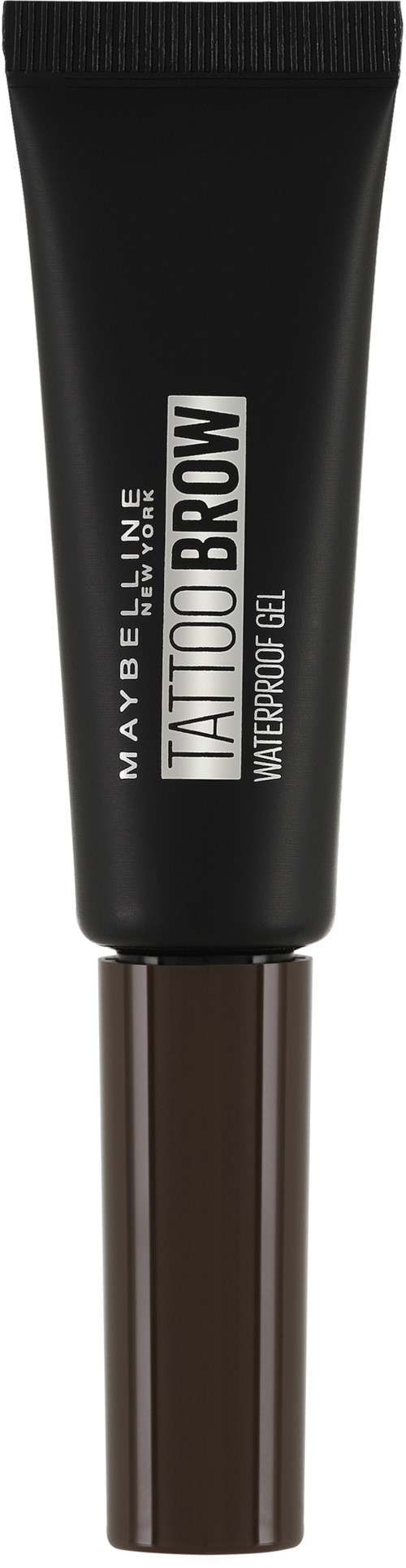 Eine schwarze Tube Maybelline Tattoo Brow Gel mit einem braunen Applikator.