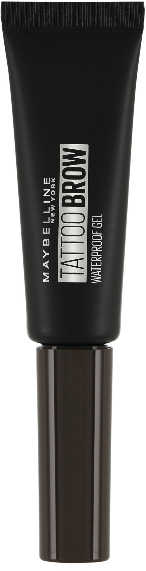 Czarna tubka Maybelline Tattoo Brow wodoodpornego żelu z brązowym pałeczki do nakładania.