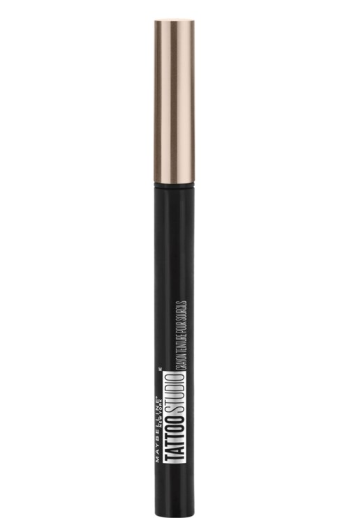 A makeup pencil or eyeliner with a black body and a gold cap. It has a label with text. Perfect for makeup.