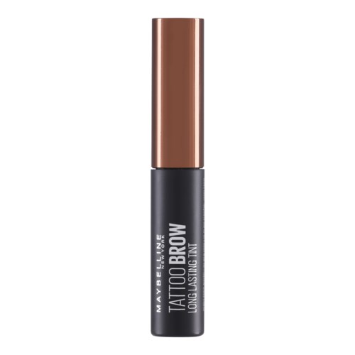En svart og rosegullfarget sminkeprodukt merket Maybelline langvarig øyenbrynfarging. Det er en blyant eller tube.