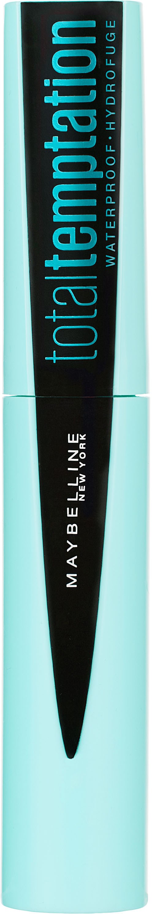 Eine Maybelline wasserfeste Augen-Gel-Formation in Hellblau und Schwarz mit Aufschrift 'total temptation' für Auge Make-up.