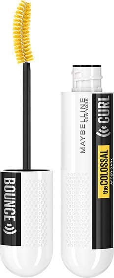 En mascarabeholder med en gul børste, hovedsakelig hvit og svart emballasje, med ordene 'BouncE', 'The Colossal', og 'CURL'.