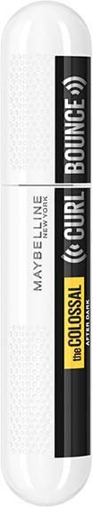 En hårbørste med hvite, svarte og gule farger, merket "IBCRLOCOLSAL" og "MAYBELLINE CURL BOUNCE," brukt til å style hår.