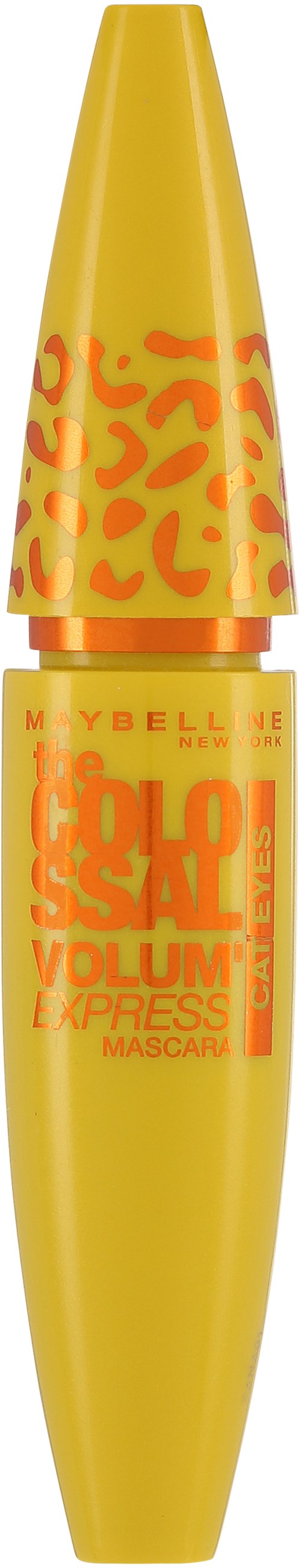 Ett gult mascara-rör med orange djurprint och text, märkt "Color Sensational Volume Express."