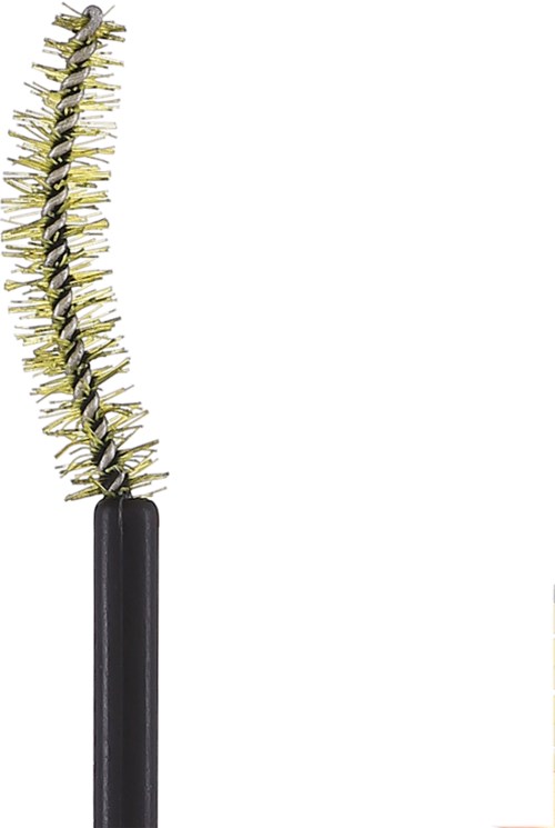 En svart mascara borste med gula och svarta fibrer som sträcker sig från borsten.