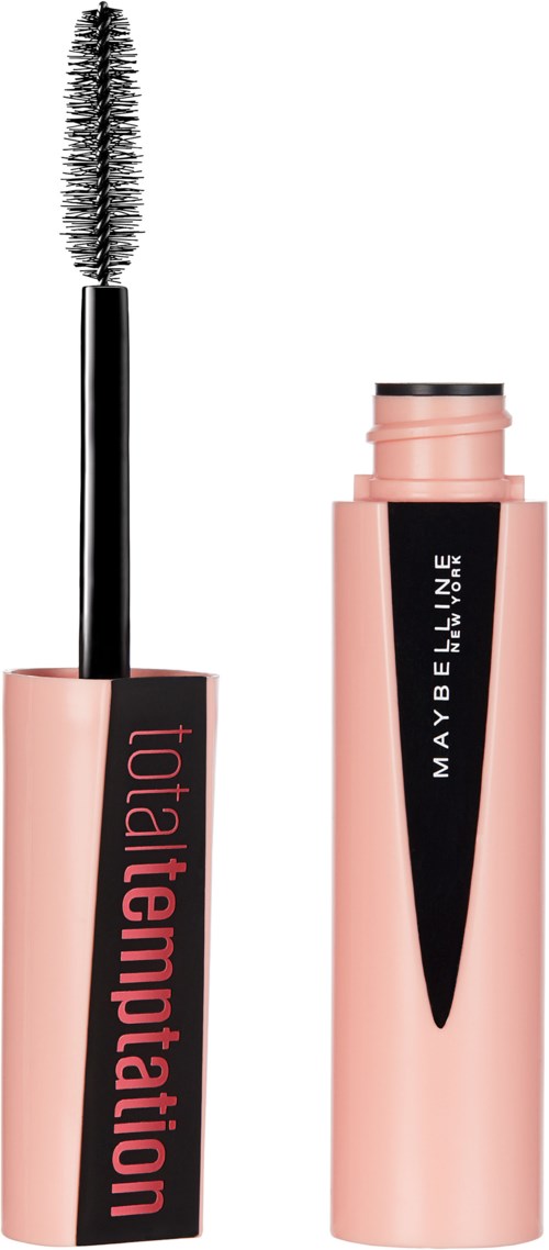 Ein rosa Mascara-Röhrchen mit schwarzem Etikett, eins mit Bürste und eins ohne, beschriftet 'total temptation' und 'MAYBELLINE.'