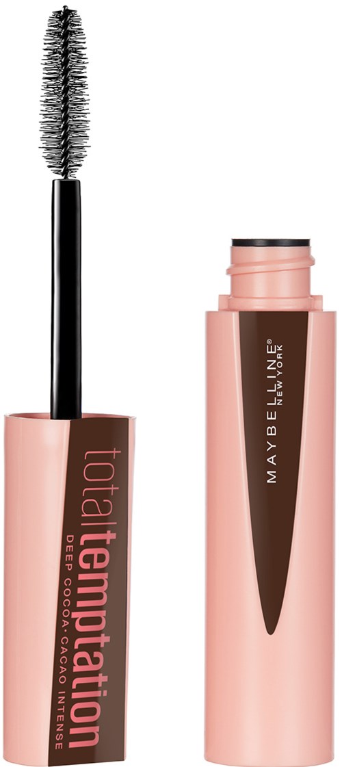 Różowa tubka tuszu do rzęs z pędzelkiem i otwartą nakrętką, podpisana 'Total Temptation' przez Maybelline.