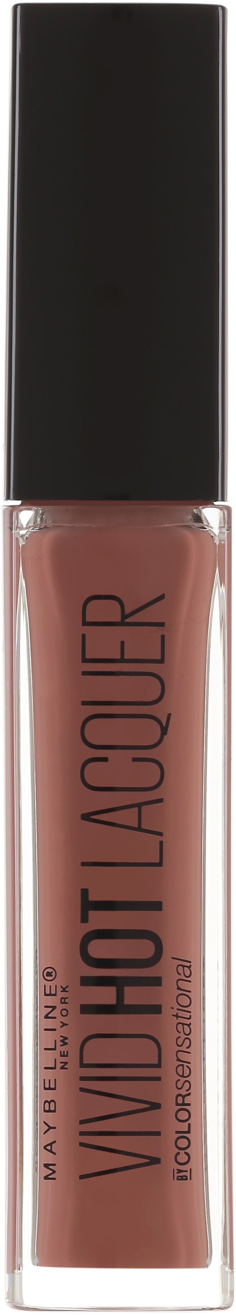 En Maybelline läppglans med svart lock och rosa-brun vätska. Etiketten säger "WIDELASH LIP GLOSS".