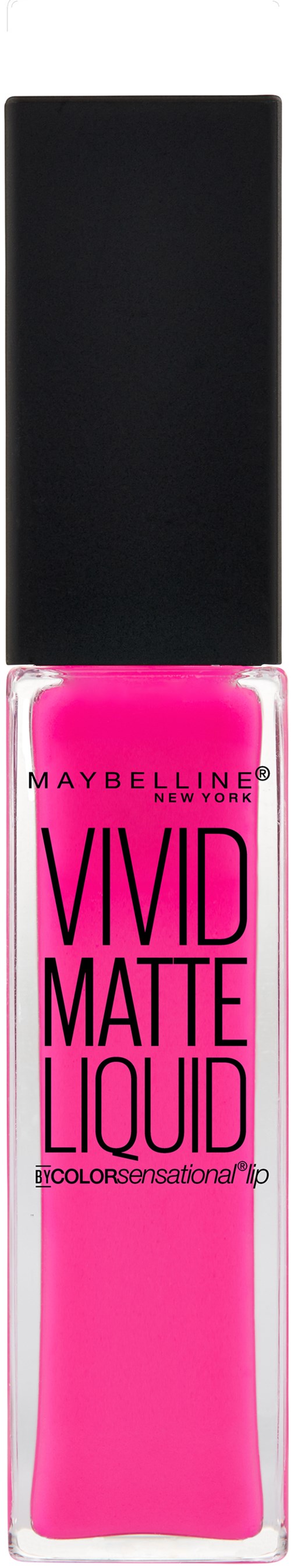 Eine Flasche mit leuchtend rosa Lippenstift mit schwarzem Deckel, beschriftet 'Vivid Matte Liquid' von Maybelline.