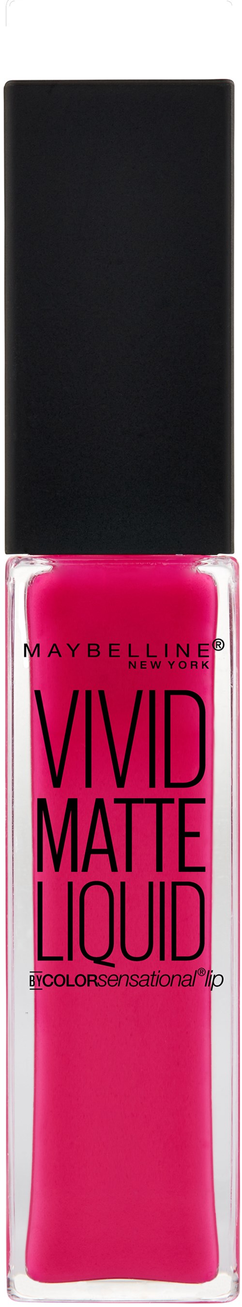 Eine Maybelline Lippenölflasche in Pink mit schwarzem Deckel, auf dem 'Vivid Matte Liquid' steht.