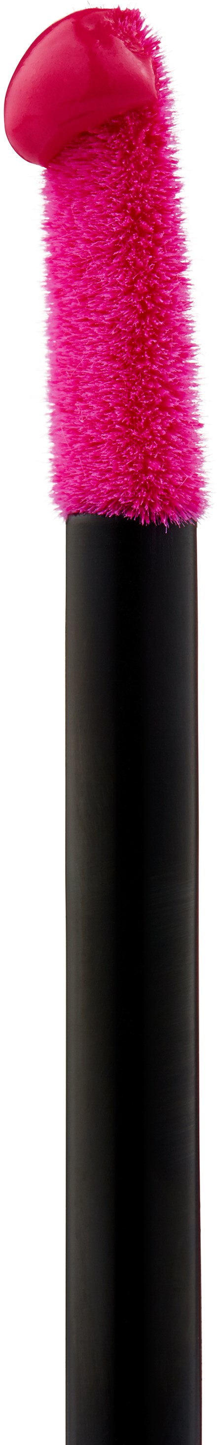 Ein schwarzer Griff mit einer flauschigen pinken Spitze, für Make-up-Anwendung wie Lipgloss oder Lipstick.