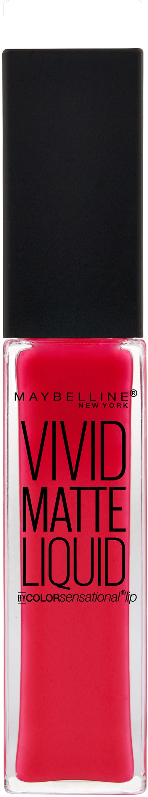 Eine Maybelline Nagellackflasche mit schwarzem Deckel, hellrosa Flüssigkeit und fettem schwarzen Text auf dem Etikett.