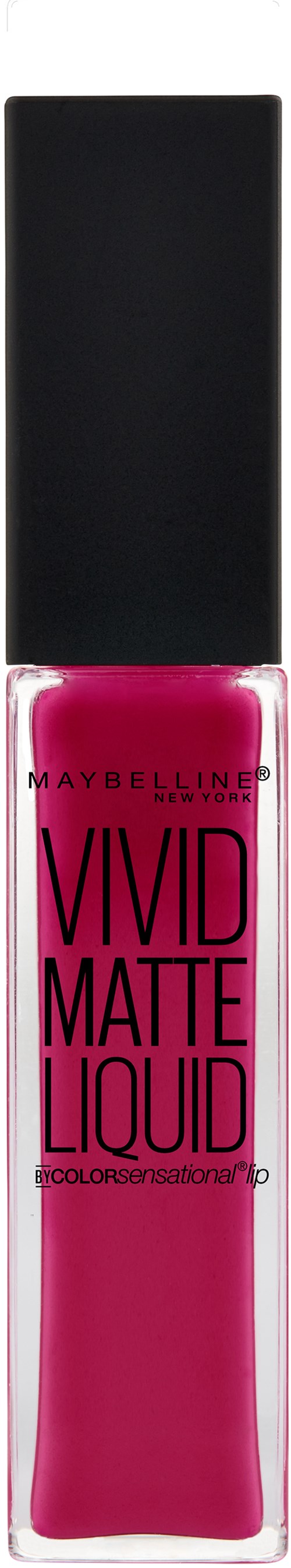 Eine Flasche Maybelline Vivid Matte Liquid Lipstick in Pink mit schwarzem Deckel.