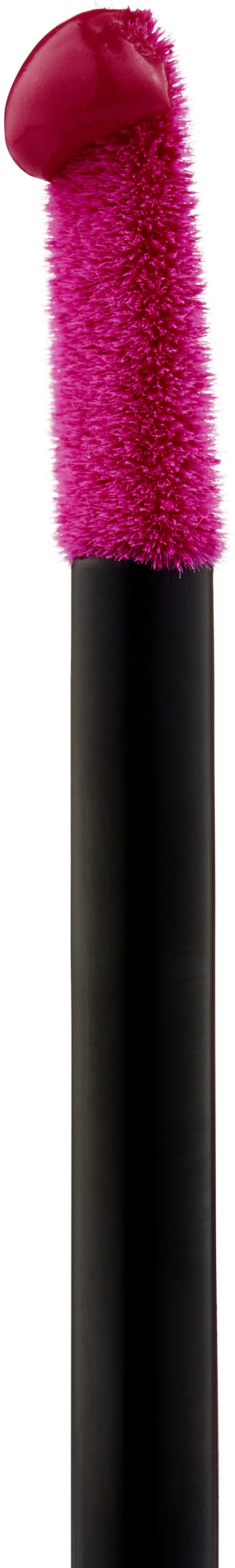 Make-up Lippenstiftpinsel mit hellem Pink, flauschiger Textur und glänzendem Kopf. Schwarzer Griff. Schwarzer Hintergrund.