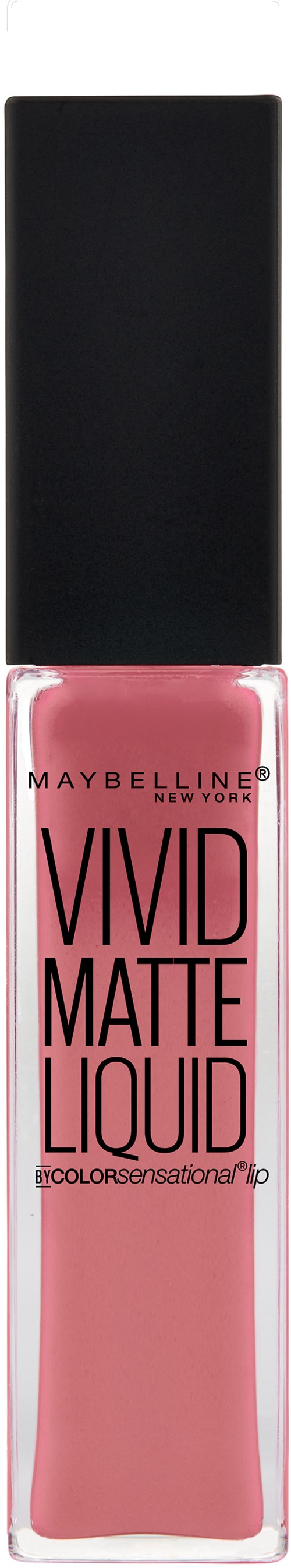 Ein Maybelline Vivid Matte Liquid Lippenstift in einer klaren Flasche mit rosa Flüssigkeit und schwarzem Deckel.
