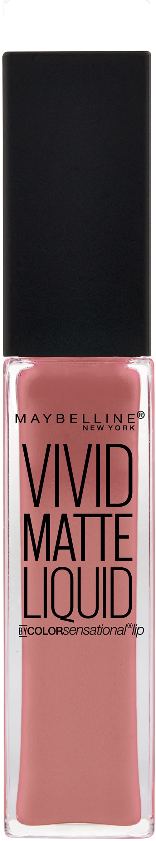 Ein Maybelline Flüssiglippenstift in durchsichtiger Flasche mit rosa Farbe, schwarzem Deckel und fett gedrucktem Text auf dem Etikett.