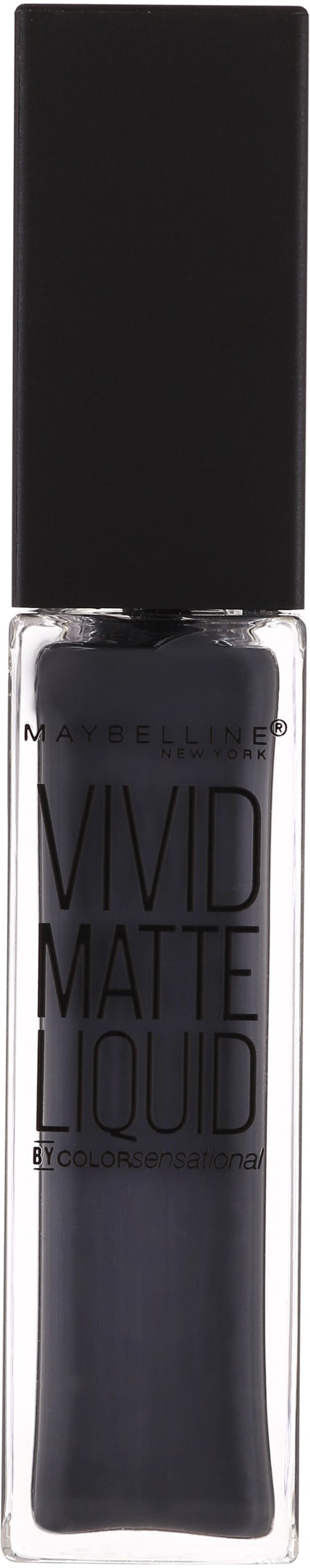 Eine Flasche mit dunkler, mattschimmernder Flüssig-Make-up mit schwarzem Deckel und durchsichtigem Körper, der das Produkt zeigt.