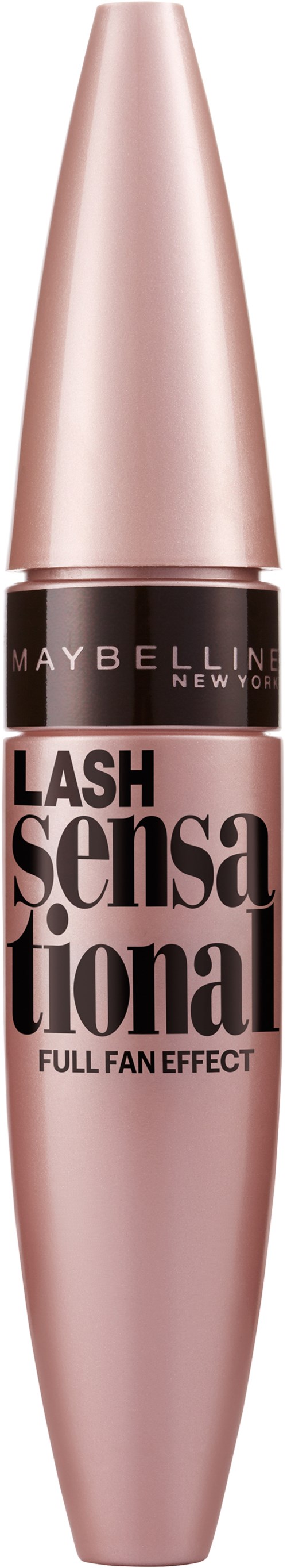Maybeline mascaraflaska med rosa och svart design, märkt 'Lash Sensational' för full fan-effekt.