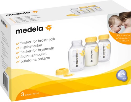 A box of Medela breast milk bottles, with three bottles and a yellow and white design, and a photo of a mother and child.