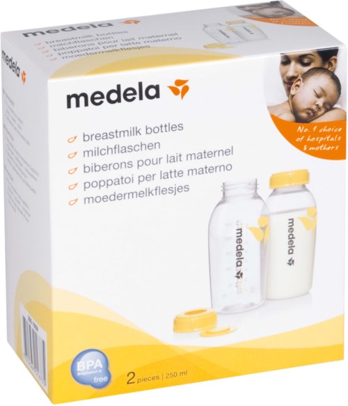 A box containing two breastmilk bottles with yellow caps, branded Medela, labeled as BPA free, 250 ml each.