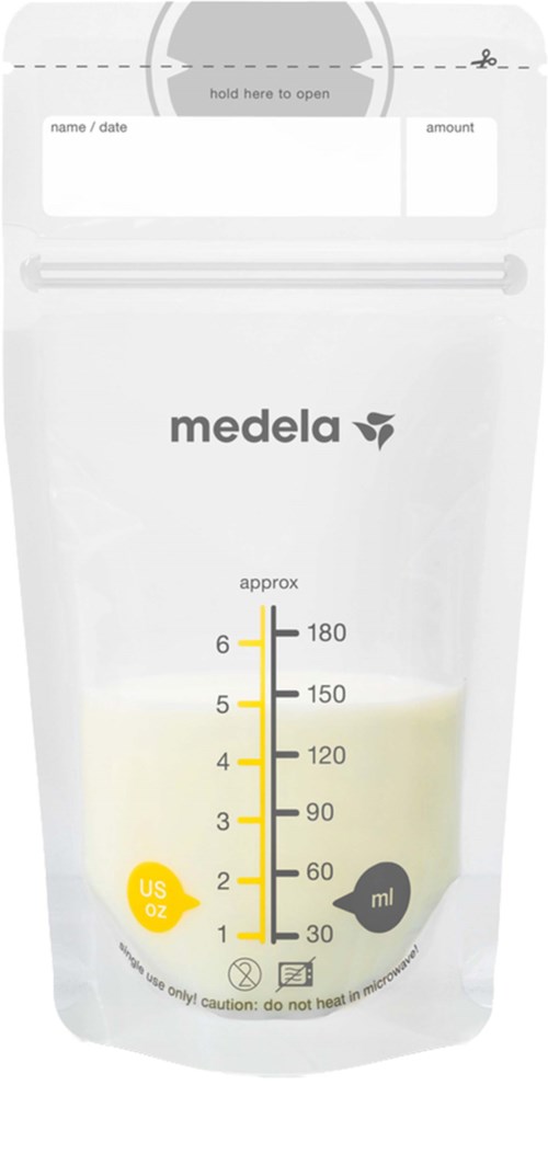 En Medela-materingspose med målemålinger, en tut på toppen og en gul etikett på siden.