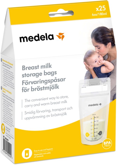 En eske med brystmelkoppbevaringsposer med bilde av en kvinne og barn, og en melkepose på emballasjen.