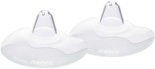 Two white breast shells for nursing, made of soft flexible material, with clear tops for easy monitoring.