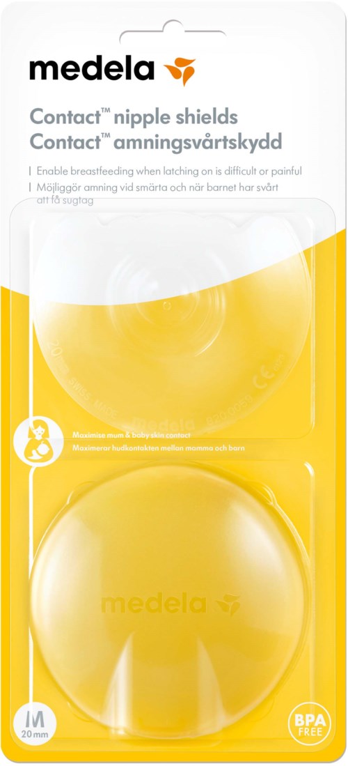 Medela nipple shields package with yellow bottom and white top, includes a logo, product name, and size information.