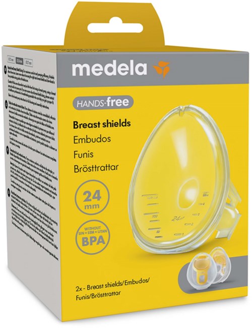 Yellow box with a clear breast shield and a pair of small silicone nipple covers inside.