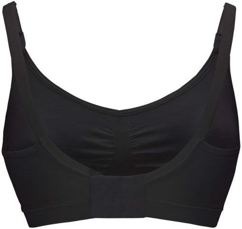 A black, comfortable-looking bra with adjustable straps and a front closure.